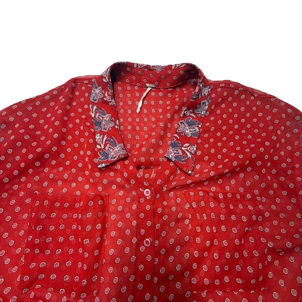 Free People Button Down Red Floral Medallion Sheer Shirt‎ Paisley XS Boho